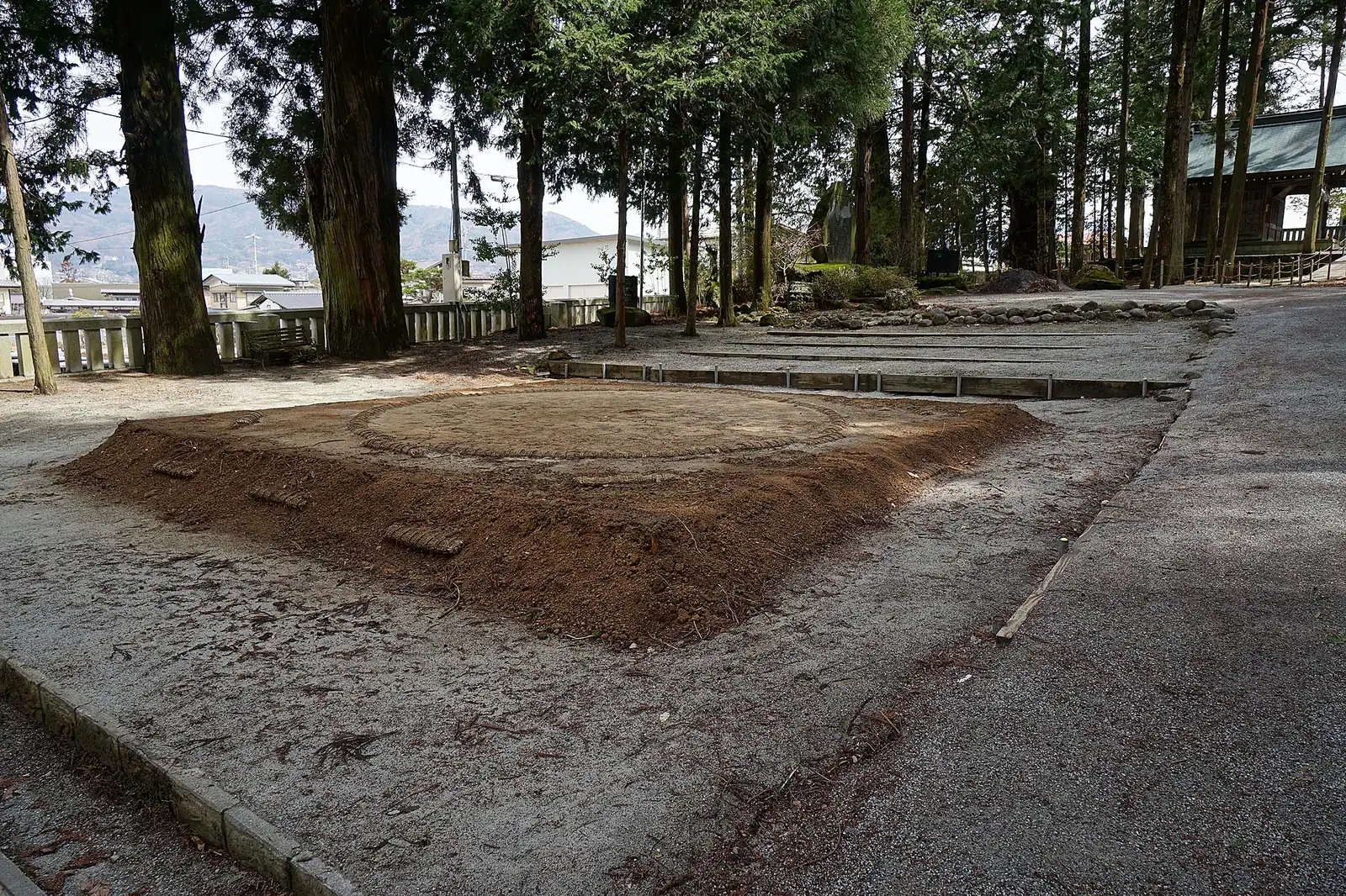 Un ring di sumo rialzato in argilla battuta con un cerchio delimitato da balle di paglia, nel recinto di un santuario sotto alti cedri