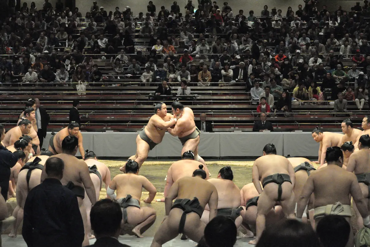 Una multitud de luchadores de sumo agachados alrededor de un ring de arcilla durante un entrenamiento, con dos luchadores en un combate en el centro y espectadores en las gradas al fondo